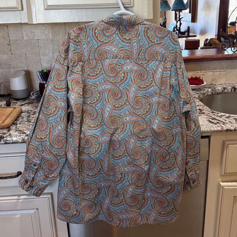 Paul Fredrick 100% Cotton Paisley Shirt in Soft Blue and Orange. LVery Good Cond - Picture 8 of 10